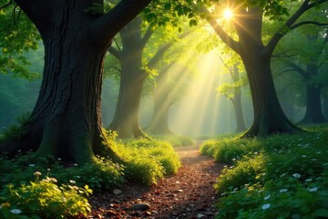 Wall Mural - Sun-dappled forest floor, textured bark of ancient trees, sunlight filtering through leaves, creating a magical atmosphere Perfect for nature, environmental, or fantasy themes , woods, wilderness
