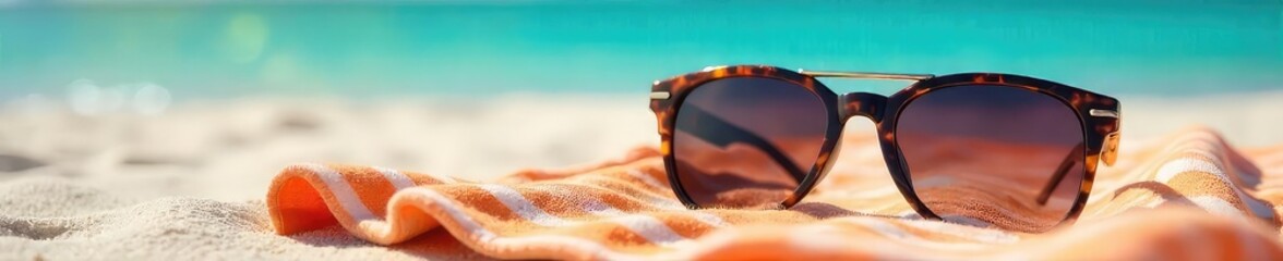 Wall Mural - Stylish sunglasses resting on a beach towel, offering shade from the bright sun Perfect for summer vacation, relaxation, and sun protection imagery , summer, travel, tropical