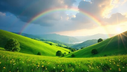 Wall Mural - A vibrant rainbow arches gracefully over a serene landscape, sunlight illuminating rolling hills and lush greenery  Perfect for nature, weather, and environmental themes ,  scenic,  foliage