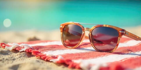 Wall Mural - Stylish summer sunglasses resting on a sun-drenched beach towel, reflecting the bright sunlight Perfect for travel, vacation, and summer fashion imagery , protection, sunlight, glossy