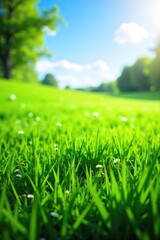 Wall Mural - Vibrant green meadow bathed in bright sunlight on a perfect summer's day Ideal for nature, ecology, and environmental themes Lush grass, clear sky, idyllic scene , sunlight, outdoor, fresh