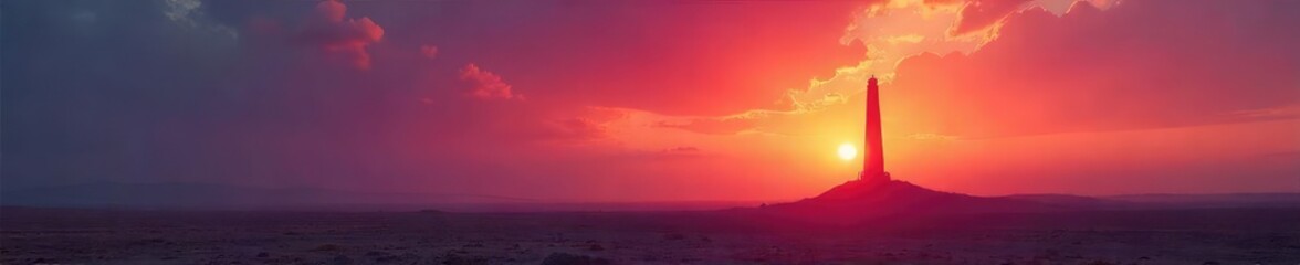 Wall Mural - A solitary, futuristic beacon stands tall against a vibrant sunset, its light piercing the hazy horizon, promising guidance and hope in the vast, empty landscape , dystopian, navigation, tranquil