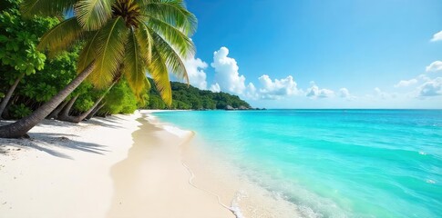 Wall Mural - Tranquil turquoise waters lap gently on a pristine white sand beach, palm trees swaying in the gentle breeze, creating a perfect tropical paradise scene , serene, hawaii, palms