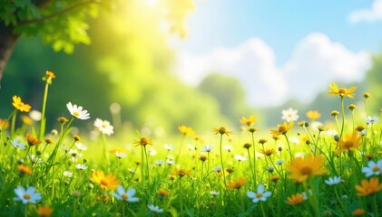 Wall Mural - Sunlit Wildflower Meadow Serene Landscape, Gently Swaying Flowers, Peaceful Nature Scene, Joyful Idyllic Vista, Perfect for Relaxation and Contentment Themes