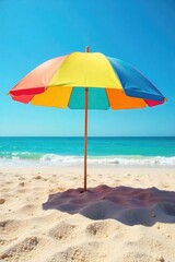 Wall Mural - A vibrant beach umbrella casts a cool shadow on the sun-drenched sand, offering respite from the summer heat  Perfect for travel, vacation, and summer themed projects ,  leisure,  vibrant