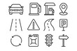 © Gwendoline - Car transport & driving line icon set. Outline signs for web design, apps. Vector illustration includes gas station, road, traffic light, parking, map pin, warning, jerrycan.