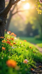 Wall Mural - Sunlight warms a peaceful garden scene in springtime; blooming flowers, lush green grass, gentle breeze Perfect for relaxation and serenity themes , grass, flourishing
