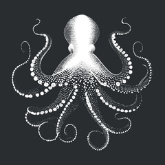 Wall Mural - Stylized black and white illustration of an octopus with intricate dot patterns.