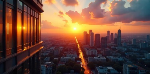 Wall Mural - Stunning sunset view from a modern office building, casting a warm golden light across the cityscape  Perfect for corporate, real estate, or architectural projects ,  real estate,  skyline