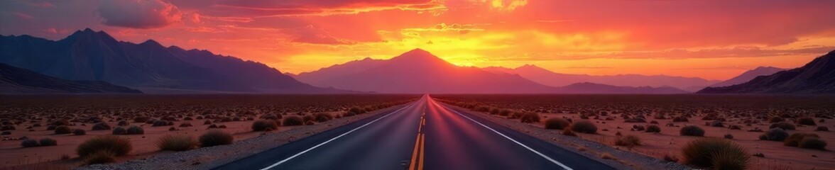 Wall Mural - Vast desert highway stretches towards a majestic mountain range under a vibrant sunset sky Endless road, adventure awaits, freedom, journey , journey, adventure