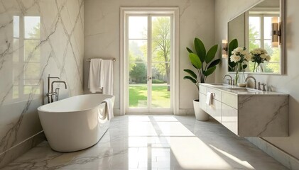 Wall Mural - Sun-drenched marble bathroom with freestanding tub, plush towels, and abundant natural light  Exquisite details create a tranquil spa-like atmosphere of ultimate relaxation , relaxation, elegant