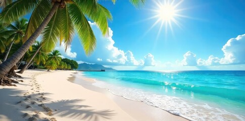 Wall Mural - Sun-drenched beach scene with vibrant turquoise water lapping gently on the shore, palm trees swaying in the warm breeze, a perfect summer escape , summer holidays, coastline