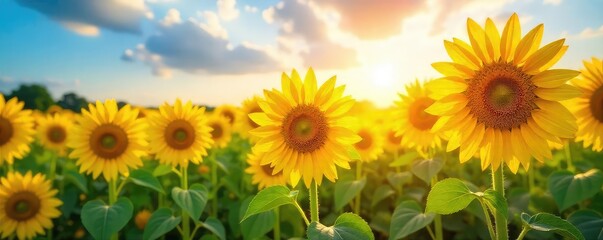 Wall Mural - A vibrant field of towering sunflowers basking in the summer sun, their golden faces turned towards the light Perfect for themes of nature, summer, growth, and happiness , petals, agriculture
