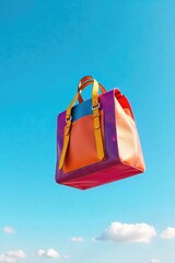 Wall Mural - A vibrant, multicolored bag floats effortlessly in mid-air against a bright blue sky, whimsical and surreal The bag is full, suggesting a journey or adventure , motion, levitation