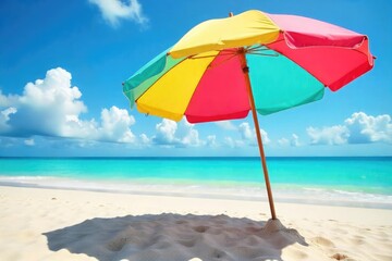 Wall Mural - A vibrant resort umbrella provides shade on a sunny beach, casting a cool shadow on the warm sand Perfect for travel, vacation, and summer themes , view, colorful, pattern