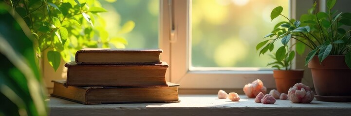 Wall Mural - A stack of worn spiritual books sits on a sunlit windowsill, surrounded by calming plants and crystals Peaceful, serene atmosphere evokes contemplation and inner peace , window, energy