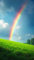 Wall Mural - Vibrant rainbow arching across a lush green field, sun shining, creating a breathtaking natural spectacle Perfect for nature, weather, and fantasy themes , bright, prismatic, spring