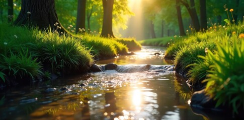 Wall Mural - Sunlight dapples the surface of a tranquil creek, illuminating the gently flowing water and surrounding lush greenery Perfect for nature, serenity, and environmental themes , woods, environment