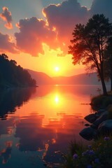 Wall Mural - Vibrant sunrise over a tranquil lake, reflecting golden light and peaceful serenity  Perfect for wellness, mindfulness, and healthy lifestyle concepts ,  horizon,  fresh air