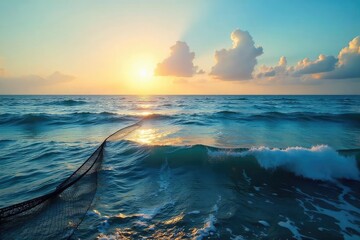 Wall Mural - Vast, expansive ocean meeting the sky at the horizon, a tranquil and serene seascape with a low-lying net cast, suggesting fishing or marine life ,  sea,  horizon