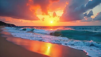 Wall Mural - Stunning sunrise over the Atlantic Ocean, waves crashing on a sandy shore, vibrant colors paint the sky Perfect for travel, vacation, or nature themes , sky, morning, holiday