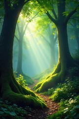 Wall Mural - Sunlight dappling through the canopy of a light forest, illuminating the mossy undergrowth and creating a magical atmosphere  Perfect for nature, fantasy, or fairytale themes ,  sunlight,  path