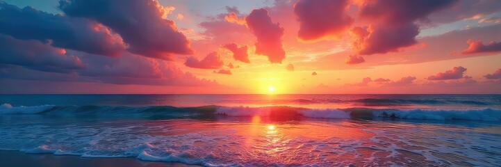 Wall Mural - Stunning sunset over a tranquil beach, vibrant colors painting the sky and reflecting on the calm ocean waves Perfect for travel, vacation, and nature themes , yellow, getaway