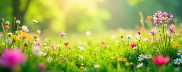Wall Mural - Vibrant spring meadow bursting with colorful wildflowers, lush green grass, and bright sunlight Perfect for spring themes, Easter, nature backgrounds, and more , optimistic, vegetation, life