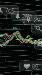 Wall Mural - Animating social media notifications and engagement metrics over fluctuating data graph