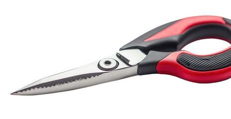 Closeup of red and black handled kitchen shears isolated on transparent background, featuring sharp blades for precise cutting of herbs, poultry, and various food items
