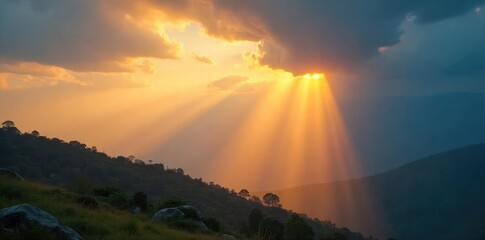 Wall Mural - Warm sunlight streams through gaps in clouds, illuminating a landscape bathed in golden light Rays pierce the atmosphere creating a dramatic effect , weather, golden light, haze
