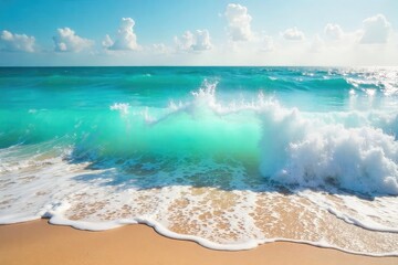 Wall Mural - Sun-drenched turquoise waves crash on a sandy shore, creating a mesmerizing spectacle of summer's energy Perfect for travel, vacation, and summer themed projects , ripple, calm, water