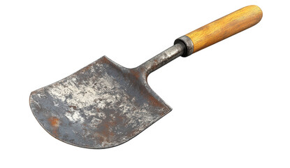 Vintage rusty garden spade with a wooden handle, isolated on transparent background the spade shows signs of wear and age, suggesting years of use in gardening