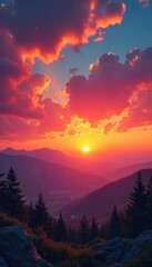 Wall Mural - Stunning panoramic view of a vibrant sunset sky, filled with fiery oranges, deep reds, and soft pastel hues Perfect for travel, nature, and inspirational projects , cloudscape, texture