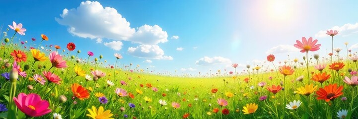 Wall Mural - A vibrant meadow bursting with wildflowers in full bloom under a bright, sunny spring sky Perfect for themes of renewal, freedom, and joyful energy , serenity, beauty