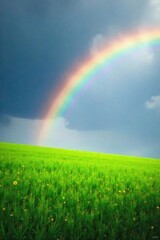 Wall Mural - Vibrant rainbow arching across a lush green field, sunlight illuminating its spectrum of colours Perfect for nature, fantasy, and whimsical themes , rainbow arch, hope