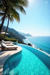Wall Mural - Sun-drenched infinity pool overlooking a breathtaking ocean vista; ultimate relaxation and escape at a luxurious private villa ,  retreat,  paradise