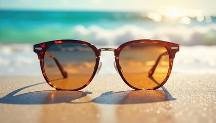 Wall Mural - Stylish sunglasses resting on a vibrant summer beach scene, reflecting the bright sun and ocean waves Perfect for travel, vacation, and summer vibes imagery , style, coast