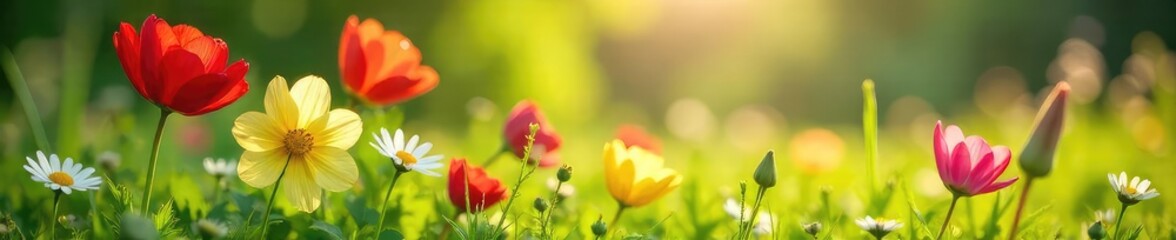 Wall Mural - Vibrant wildflowers blooming in a lush green meadow bathed in the warm sunlight of spring  Perfect for springtime themes, nature, and renewal imagery , botanical, botany, flora