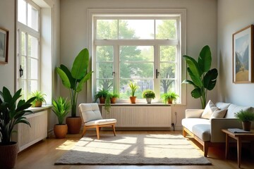 Wall Mural - Sunlight streams through a window illuminating a minimalist, stylish living space filled with plants and natural textures, creating a serene and beautiful atmosphere , cozy, balance, decor