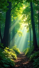 Wall Mural - Sunlight streams through gaps in a lush, green canopy, illuminating the forest floor with dappled light and shadow  Perfect for nature, ecology, and environmental themes , bright, bright, golden