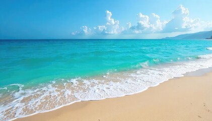 Wall Mural - Vast expanse of deep blue ocean meeting a tranquil shoreline, waves gently lapping the sand Perfect for travel, nature, or environmental themes , nature, turquoise, coastal