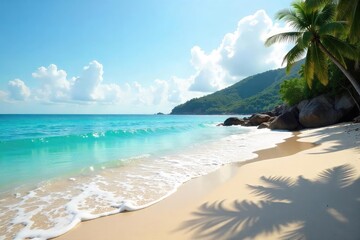 Wall Mural - A tranquil scene of a peaceful, secluded beach; gentle waves lapping the shore, conveying a sense of calm and serenity Perfect for themes of relaxation, peace, and escape , stillness, unwind