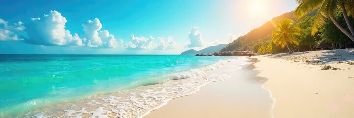 Wall Mural - Sun-drenched beach scene, turquoise water laps gently at the shore, vibrant summer vibes Perfect for travel, vacation, and summer holiday themes , happy, sun, beach