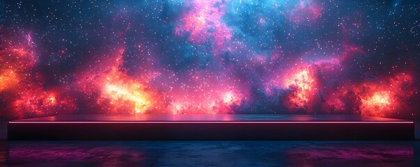 Wall Mural - A futuristic stage with neon lighting sits against a vibrant colorful galaxy nebula background