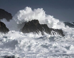 Powerful waves crashing against rocky coast