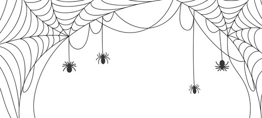 Vector line art spiderweb border with hanging spider silhouettes, minimalist monochrome cobweb design ideal for Halloween backgrounds, banners, invitations, web graphics, spooky halloween themed decor