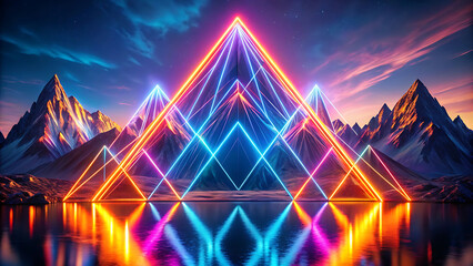 Wall Mural - Abstract Glowing Mountain Design In Bold Geometric Style With Neon Digital Effect  