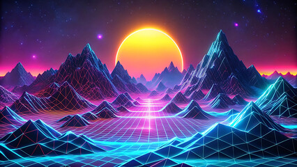 Wall Mural - Abstract Neon Glowing Layered Mountains With Vaporwave Futuristic Gradient Design  