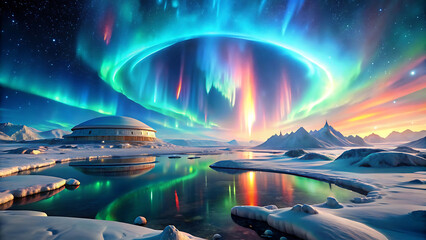 Wall Mural - Aurora Borealis Glowing Above Futuristic Icy Alien Landscape With Cosmic Lights  